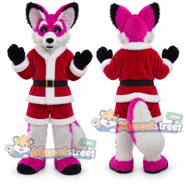 Pink and White Fox Mascot Costume with Santa Suit