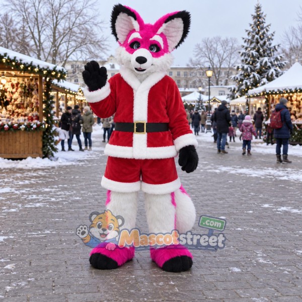 Pink and White Fox Mascot Costume with Santa Suit