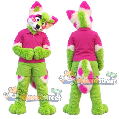Green and Pink Canine Mascot Costume with Pink Shirt and Green Shorts Green and Pink Canine Mascot Costume with Pink Shirt and Green Shorts