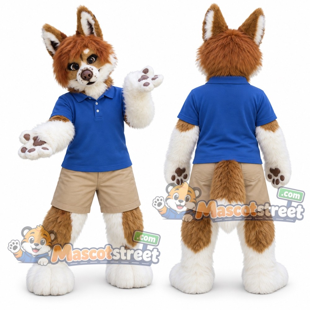 Brown and White Canine Mascot Costume with Blue Shirt and Beige Shorts