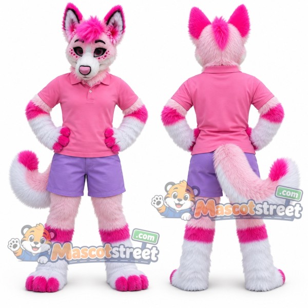 Pink and White Canine Mascot Costume with Pink Shirt and Purple Shorts