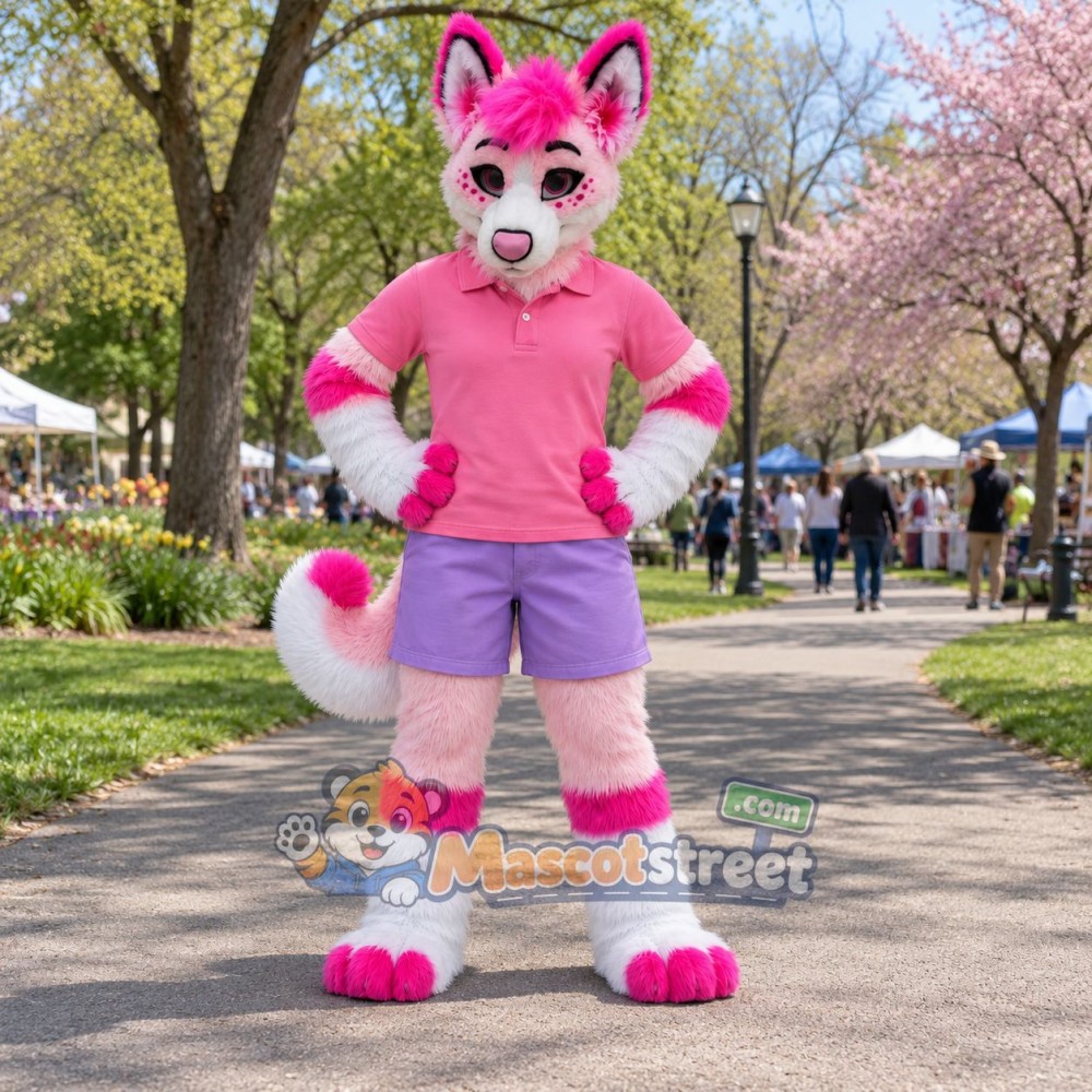 Pink and White Canine Mascot Costume with Pink Shirt and Purple Shorts