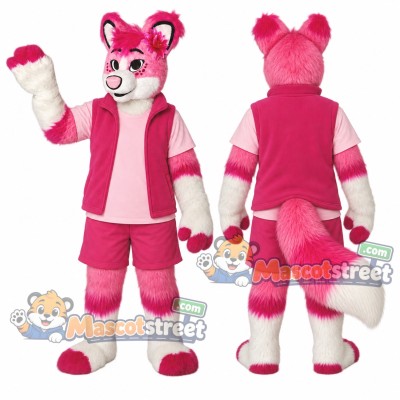 Pink and White Fox Mascot Costume with Pink Jacket and Pink Shorts Pink and White Fox Mascot Costume with Pink Jacket and Pink Shorts