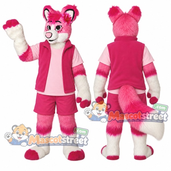 Pink and White Fox Mascot Costume with Pink Jacket and Pink Shorts