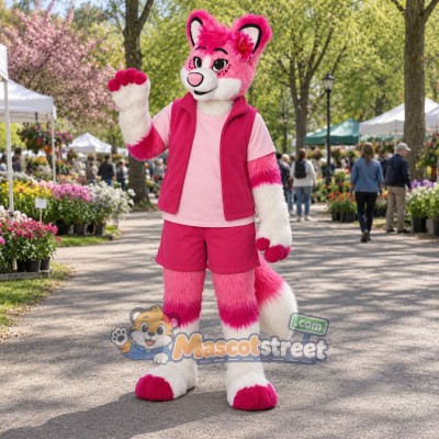 Pink and White Fox Mascot Costume with Pink Jacket and Pink Shorts Pink and White Fox Mascot Costume with Pink Jacket and Pink Shorts