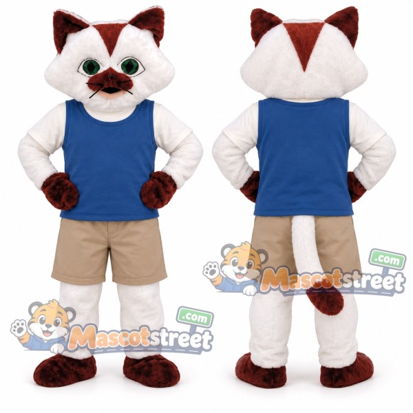 White and Brown Cat Mascot Costume with Blue Vest and Tan Shorts