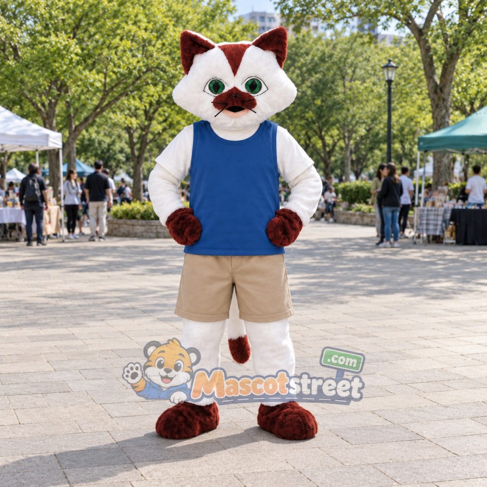 White and Brown Cat Mascot Costume with Blue Vest and Tan Shorts