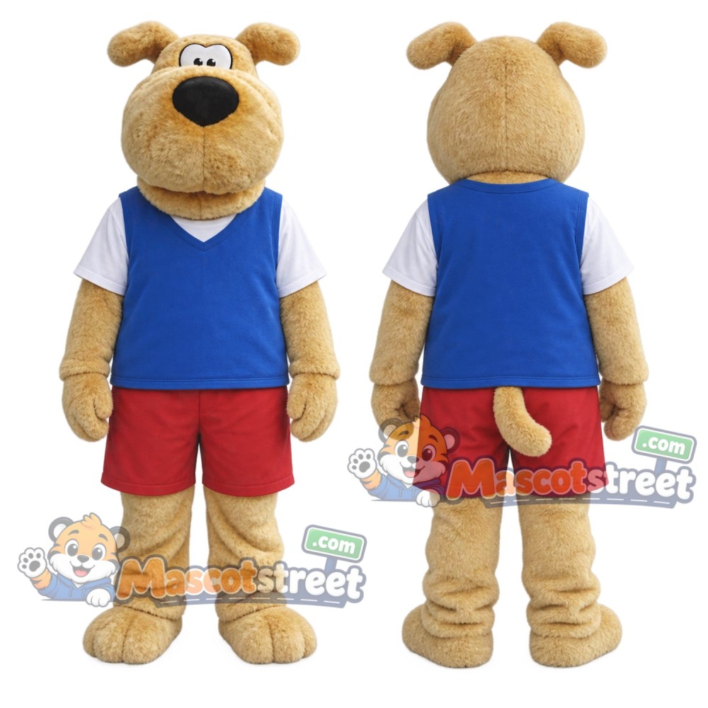 Tan Dog Mascot Costume with Blue Shirt and Red Shorts