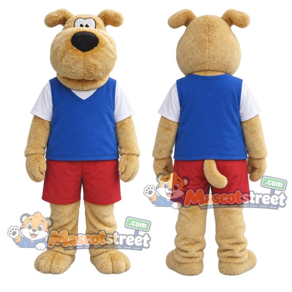 Tan Dog Mascot Costume with Blue Shirt and Red Shorts