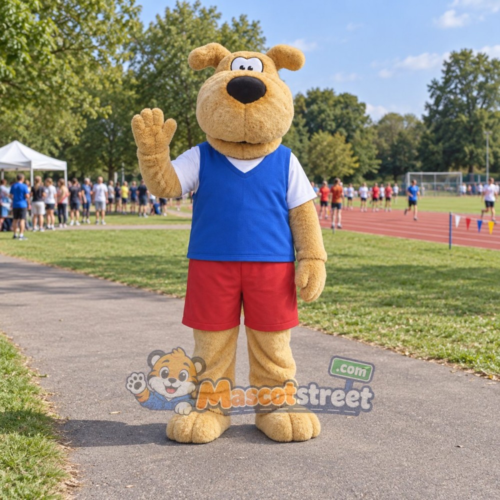 Tan Dog Mascot Costume with Blue Shirt and Red Shorts Tan Dog Mascot Costume with Blue Shirt and Red Shorts