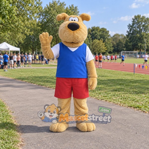 Tan Dog Mascot Costume with Blue Shirt and Red Shorts