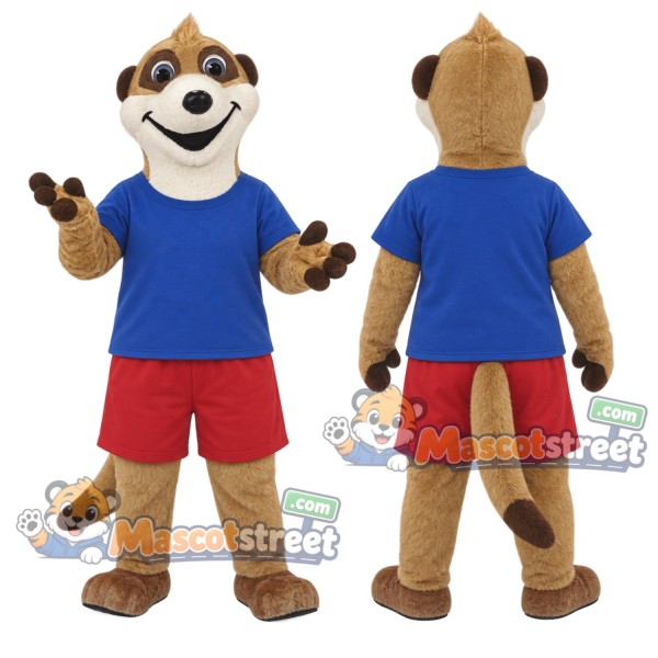 Brown Meerkat Mascot Costume with Blue Shirt and Red Shorts