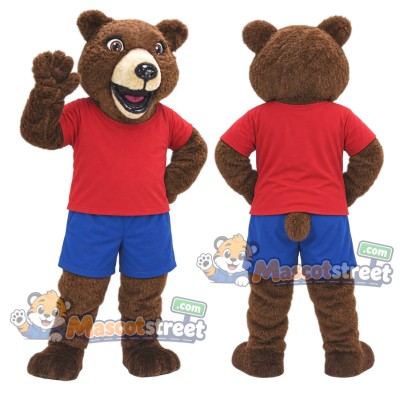 Brown Bear Mascot Costume with Red Shirt and Blue Shorts