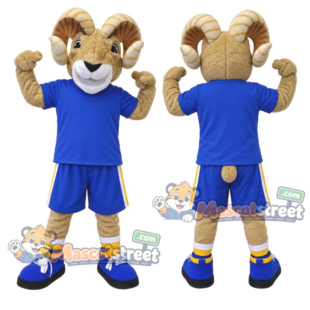 Tan Ram Mascot Costume with Blue Sports Uniform