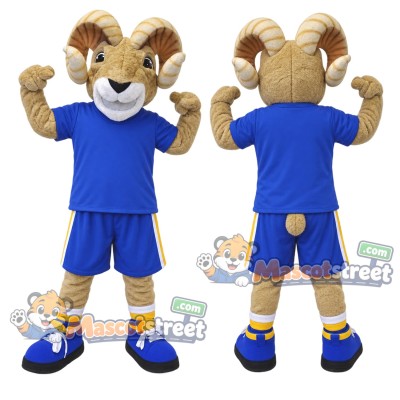 Tan Ram Mascot Costume with Blue Sports Uniform