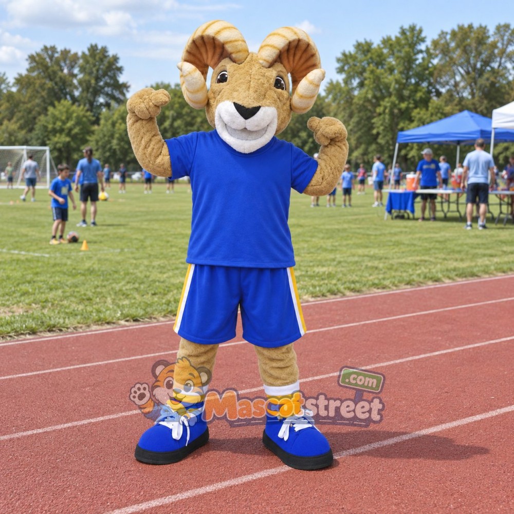 Tan Ram Mascot Costume with Blue Sports Uniform Tan Ram Mascot Costume with Blue Sports Uniform