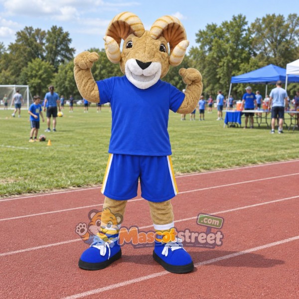 Tan Ram Mascot Costume with Blue Sports Uniform