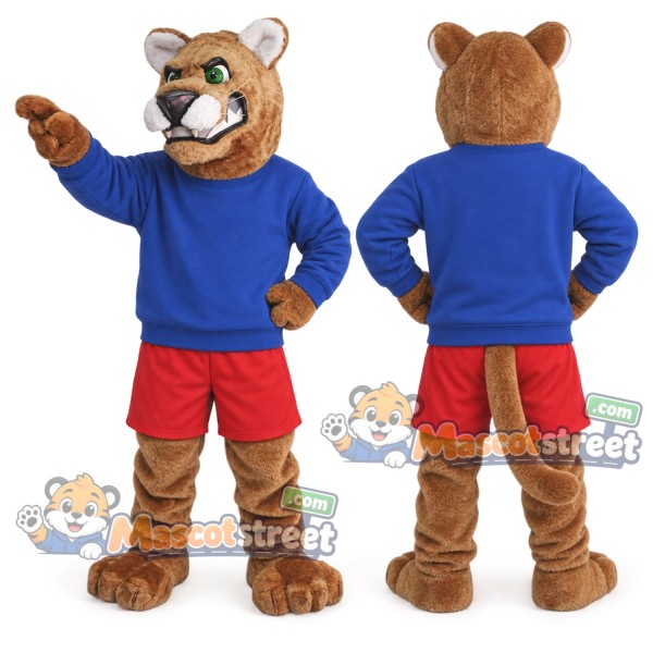 Brown Cougar Mascot Costume with Blue Shirt and Red Shorts