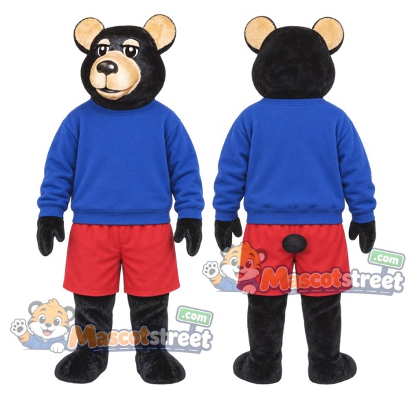 Black Bear Mascot Costume with Blue Shirt and Red Shorts