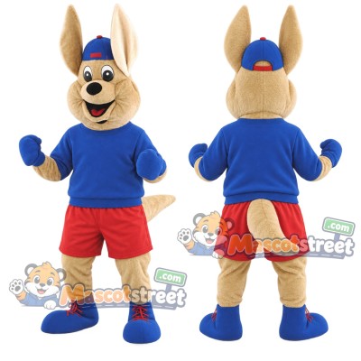 Tan Kangaroo Mascot Costume with Blue Shirt, Red Shorts and Cap