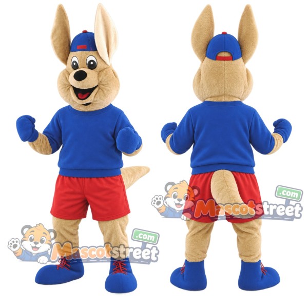 Tan Kangaroo Mascot Costume with Blue Shirt, Red Shorts and Cap