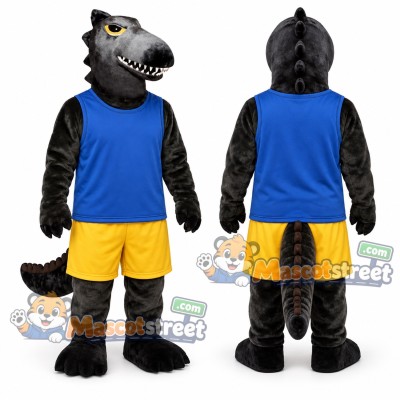 Black Dinosaur Mascot Costume with Blue Vest and Yellow Shorts Black Dinosaur Mascot Costume with Blue Vest and Yellow Shorts