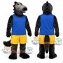 Black Dinosaur Mascot Costume with Blue Vest and Yellow Shorts