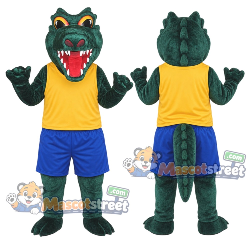 Green Alligator Mascot Costume with Yellow Shirt and Blue Shorts