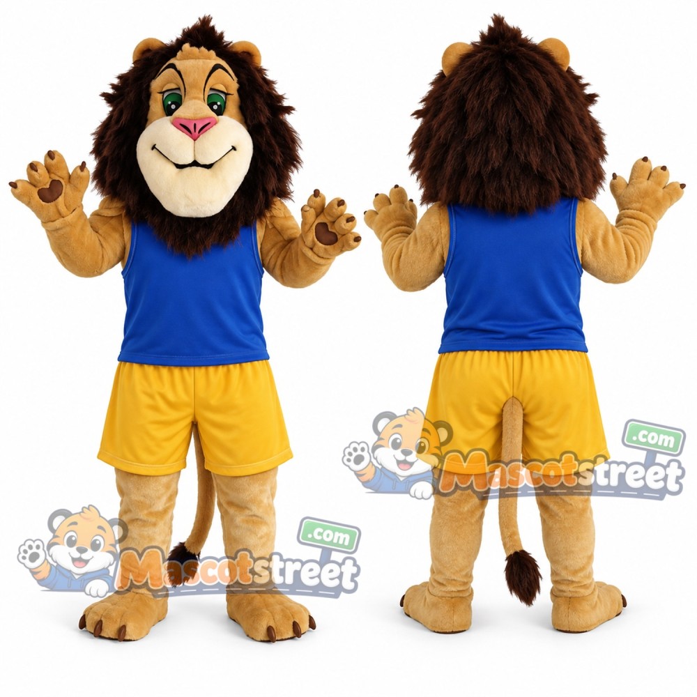 Brown Lion Mascot Costume with Blue Shirt and Yellow Shorts