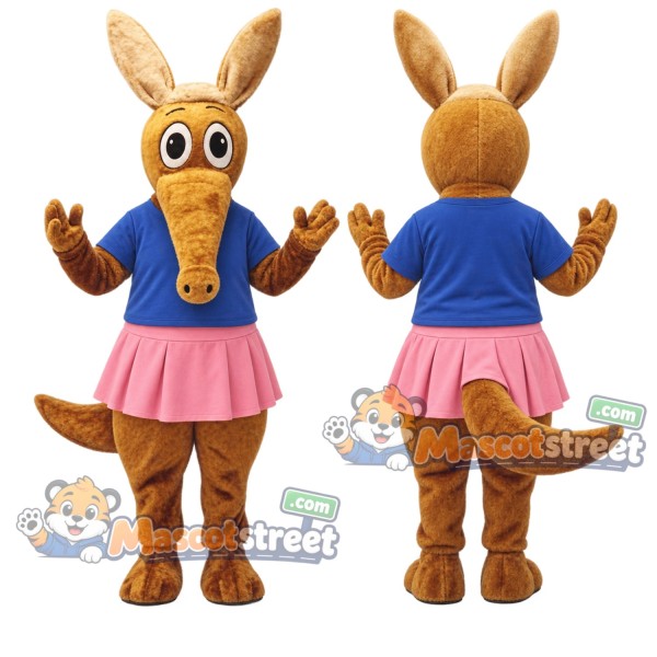 Brown Aardvark Mascot Costume with Blue Shirt and Pink Skirt