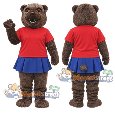 Brown Bear Mascot Costume with Red Shirt and Blue Skirt