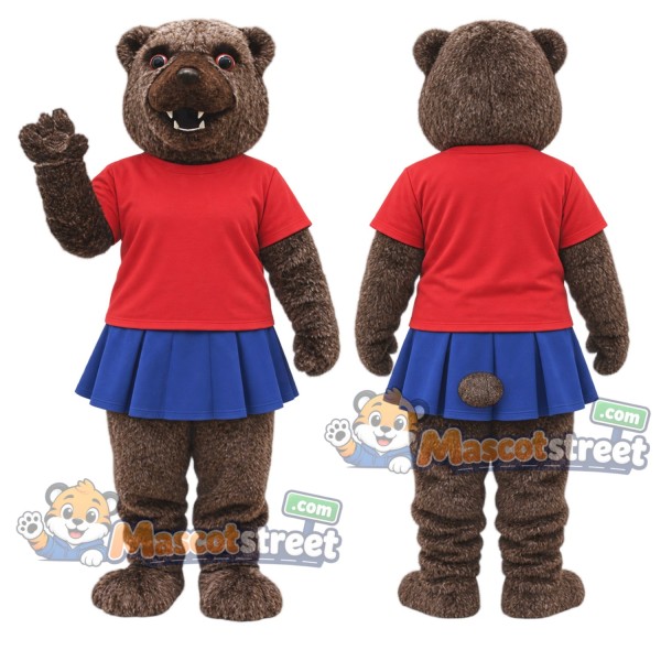 Brown Bear Mascot Costume with Red Shirt and Blue Skirt