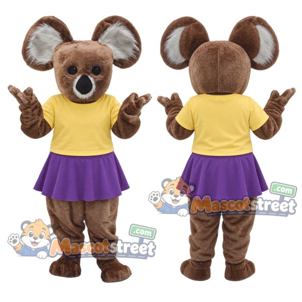 Brown Koala Mascot Costume with Yellow Shirt and Purple Skirt