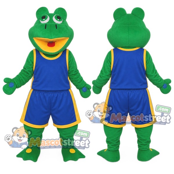 Green Frog Mascot Costume with Blue Sports Uniform