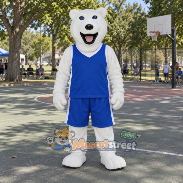 White Polar Bear Mascot Costume with Blue Sports Uniform