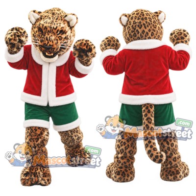 Spotted Leopard Mascot Costume with Santa Jacket and Green Shorts