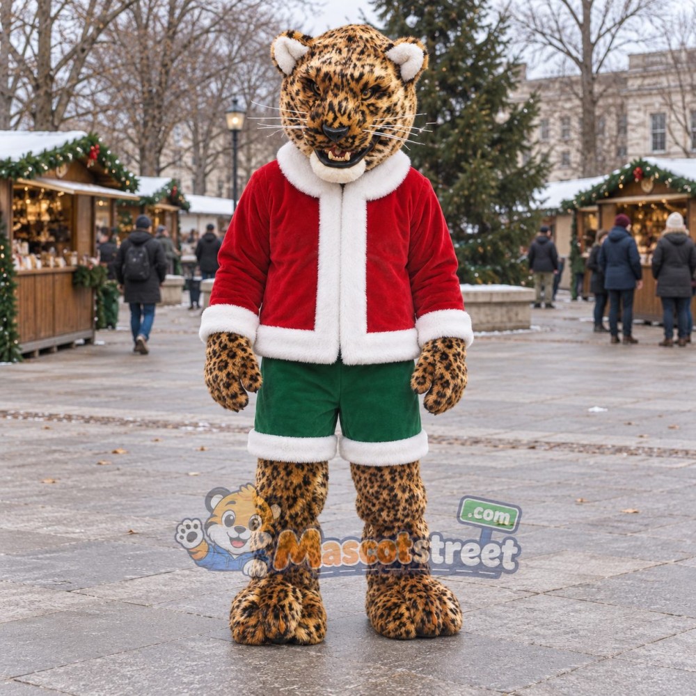 Spotted Leopard Mascot Costume with Santa Jacket and Green Shorts Spotted Leopard Mascot Costume with Santa Jacket and Green Shorts