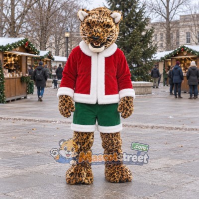 Spotted Leopard Mascot Costume with Santa Jacket and Green Shorts Spotted Leopard Mascot Costume with Santa Jacket and Green Shorts