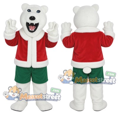 White Polar Bear Mascot Costume with Santa Jacket and Green Shorts White Polar Bear Mascot Costume with Santa Jacket and Green Shorts