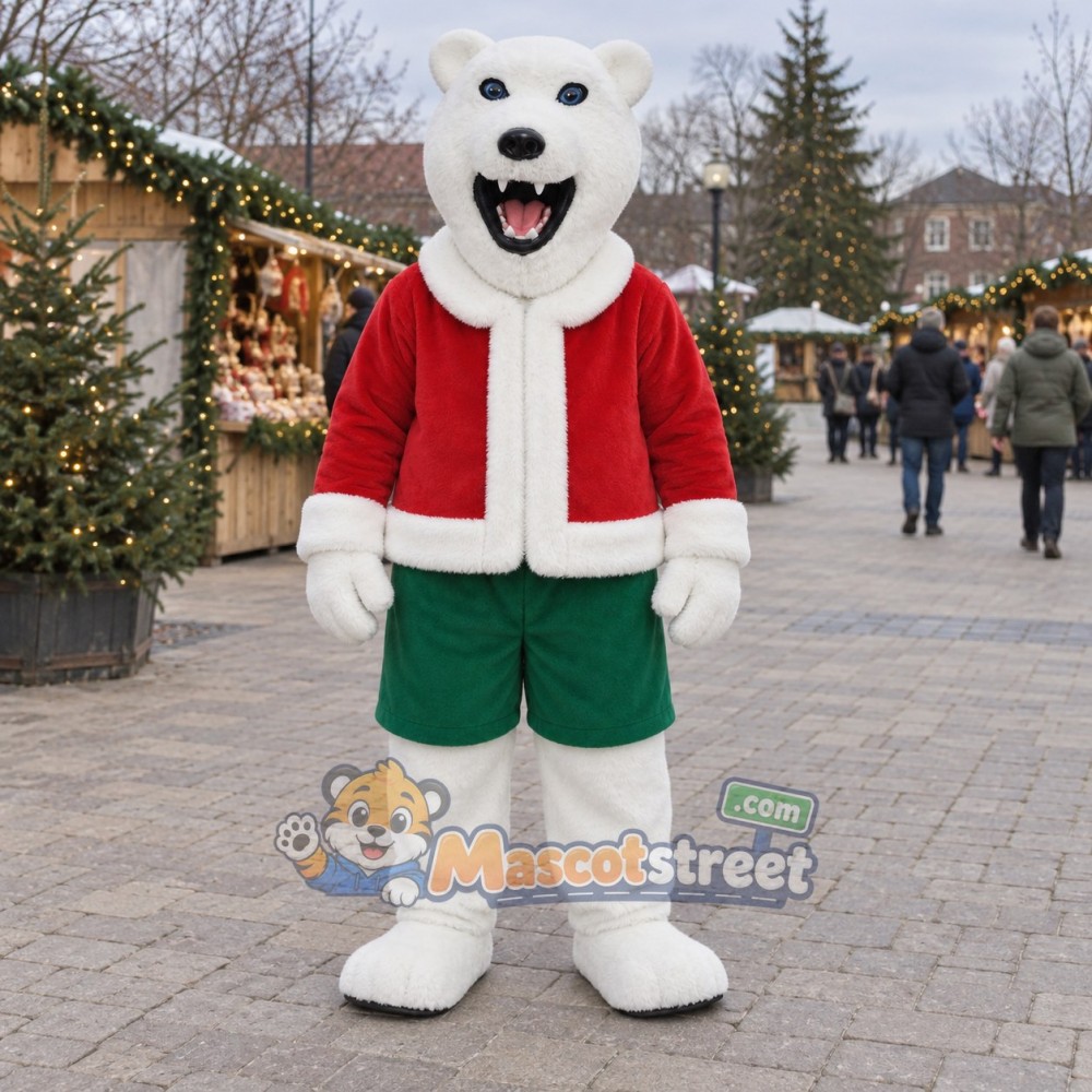 White Polar Bear Mascot Costume with Santa Jacket and Green Shorts White Polar Bear Mascot Costume with Santa Jacket and Green Shorts
