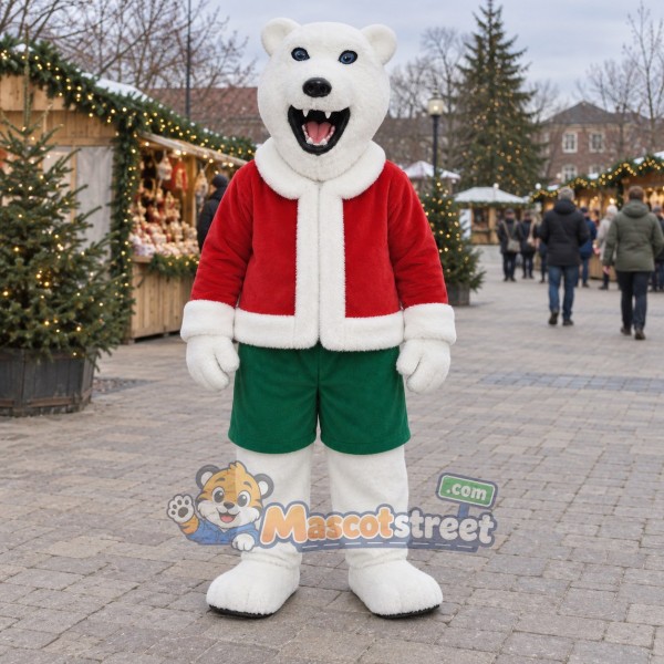 White Polar Bear Mascot Costume with Santa Jacket and Green Shorts