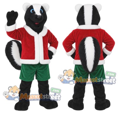 Black and White Skunk Mascot Costume with Santa Jacket and Green Shorts Black and White Skunk Mascot Costume with Santa Jacket and Green Shorts