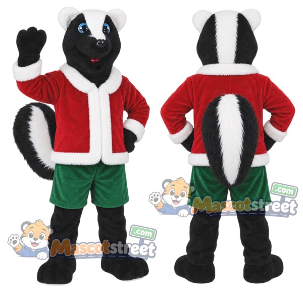 Black and White Skunk Mascot Costume with Santa Jacket and Green Shorts