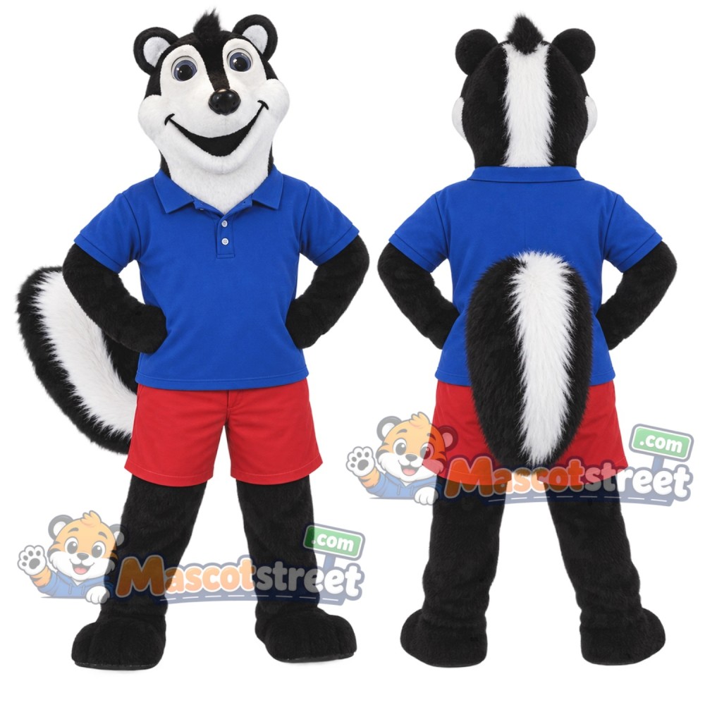 Black and White Skunk Mascot Costume with Blue Shirt and Red Shorts Black and White Skunk Mascot Costume with Blue Shirt and Red Shorts