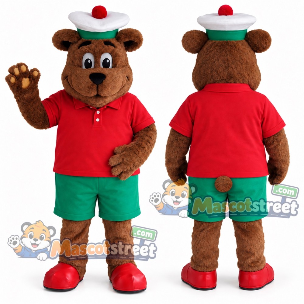 Brown Bear Mascot Costume with Red Shirt, Green Shorts and Hat