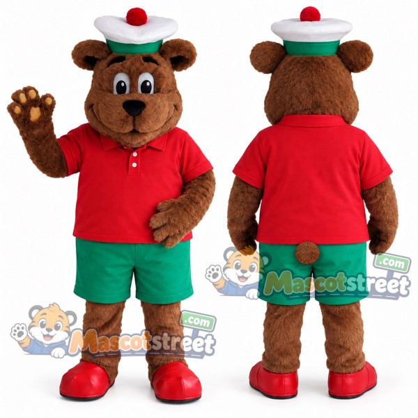 Brown Bear Mascot Costume with Red Shirt, Green Shorts and Hat