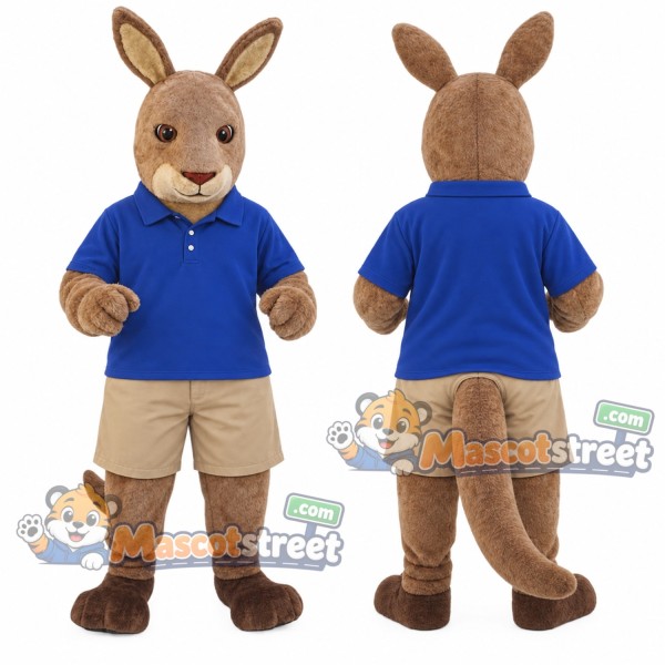 Tan Kangaroo Mascot Costume with Blue Shirt and Tan Shorts