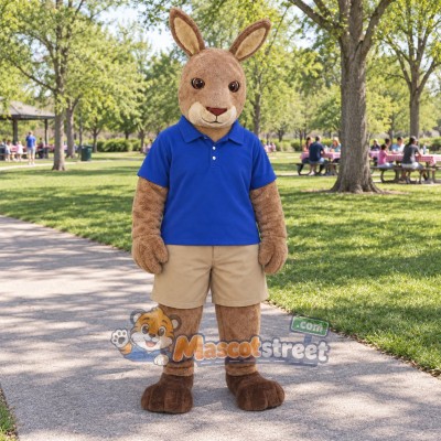 Tan Kangaroo Mascot Costume with Blue Shirt and Tan Shorts