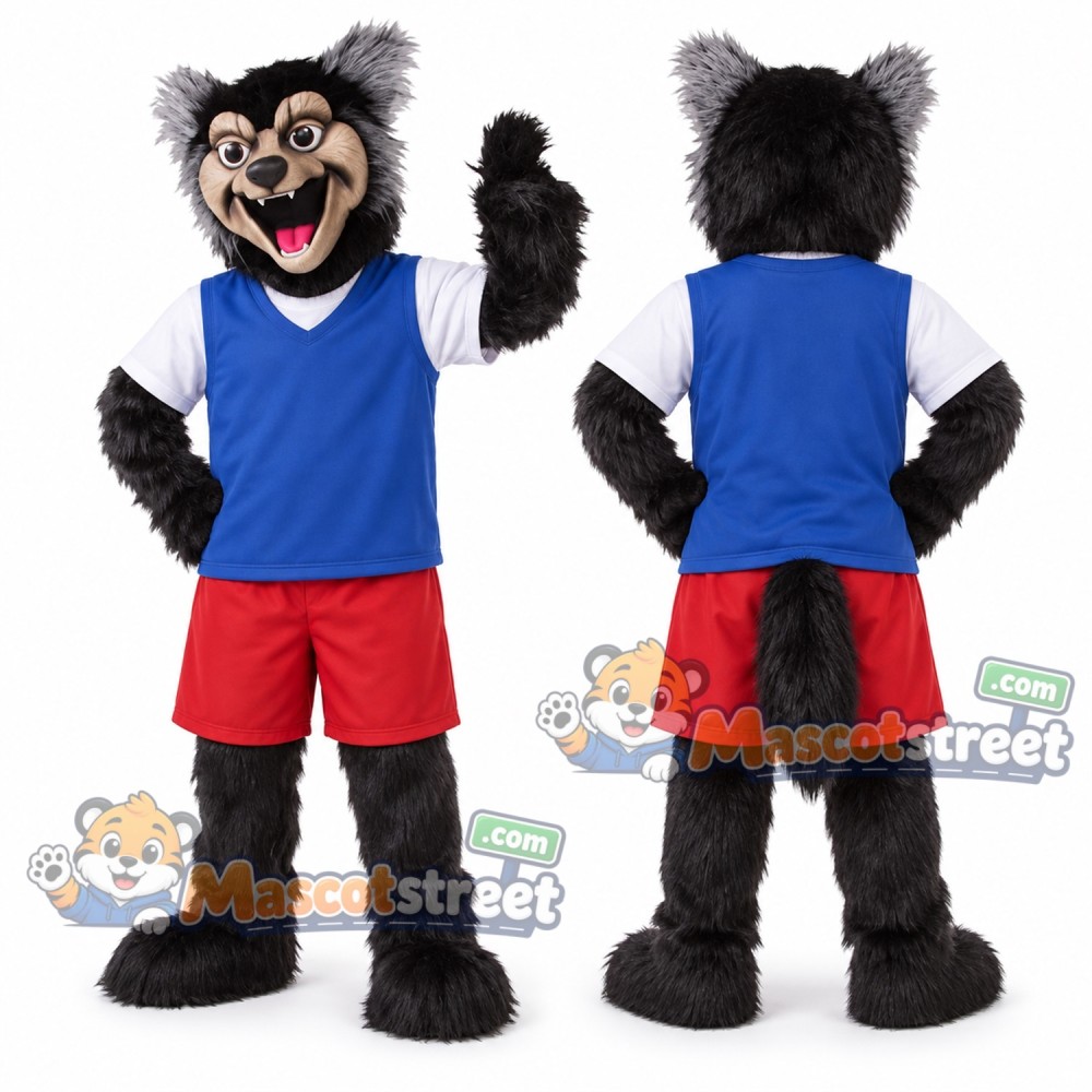 Black Wolf Mascot Costume with Blue Vest and Red Shorts