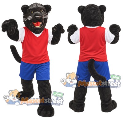 Black Panther Mascot Costume with Red Vest and Blue Shorts Black Panther Mascot Costume with Red Vest and Blue Shorts